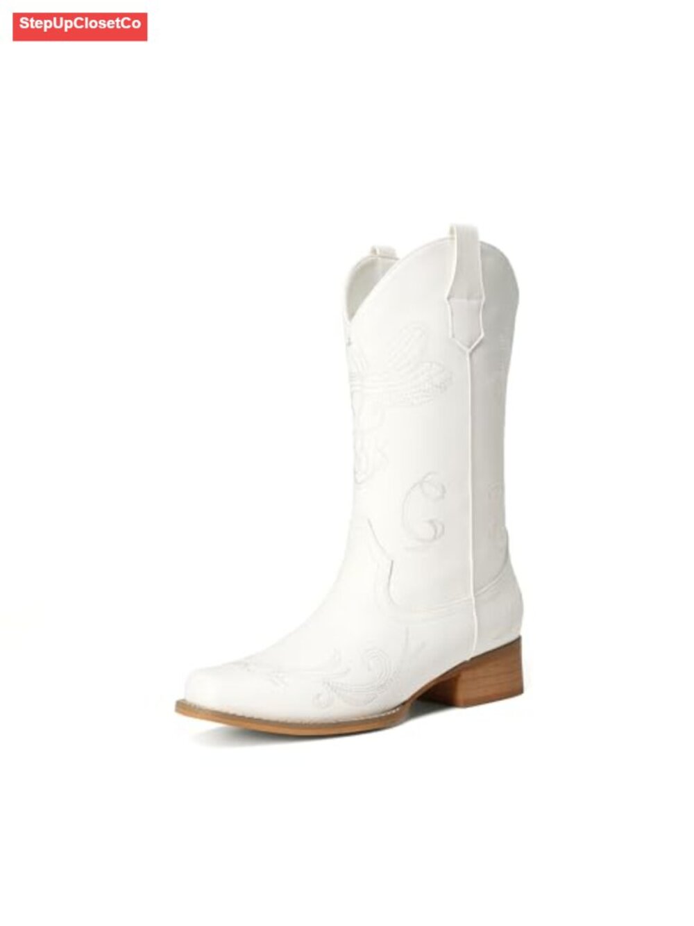 Mid Calf Western Cowboy Boots Square Toe Embroidered Faux Leather